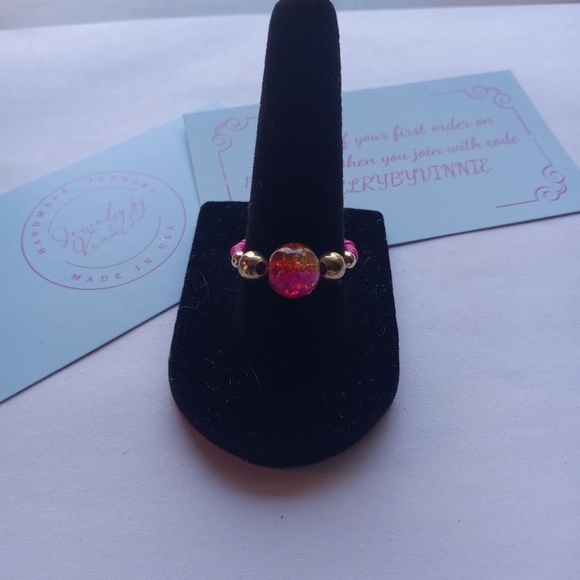 Hand Crafted Pink and Gold Beaded Stretch Ring 6,7,8 - Picture 3 of 5